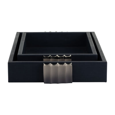 S/2 14/18"L, WOOD-LEATHER TRAYS, BLUE/ OMBRE