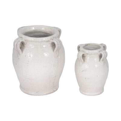 7" Terracotta Vase With Handles, White Crackle