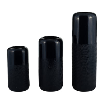 CER, 10"H GROOVED VASE, NAVY BLUE