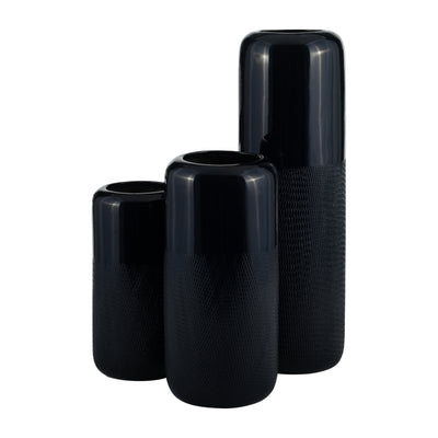 CER, 10"H GROOVED VASE, NAVY BLUE