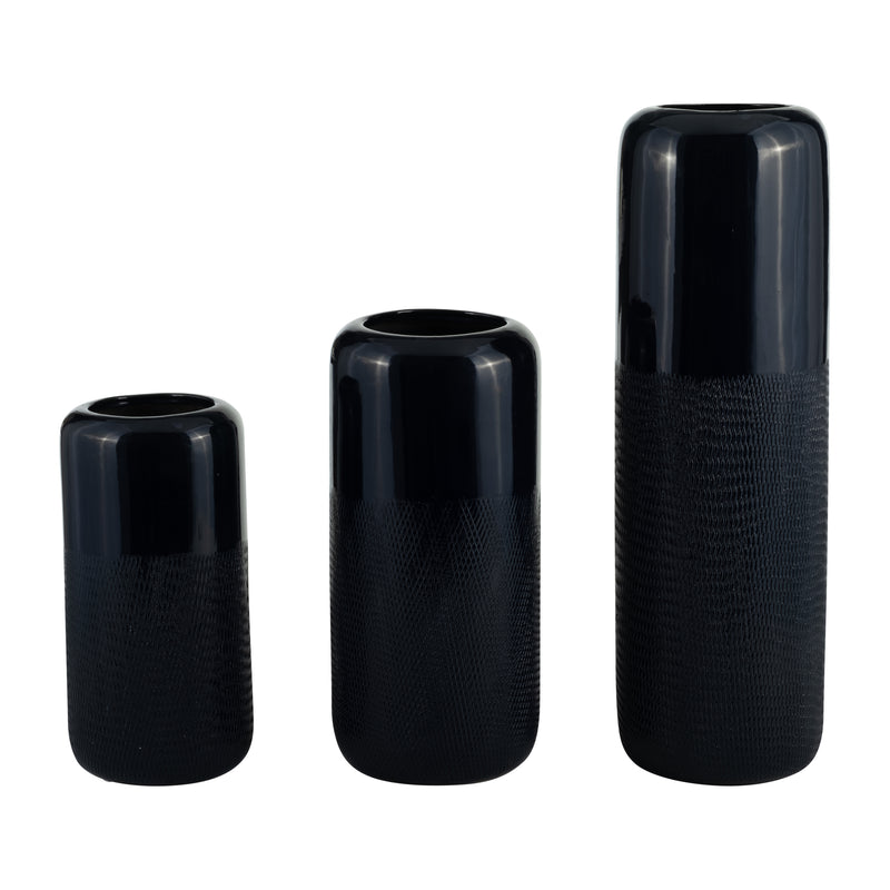 CER, 18"H GROOVED VASE, NAVY BLUE