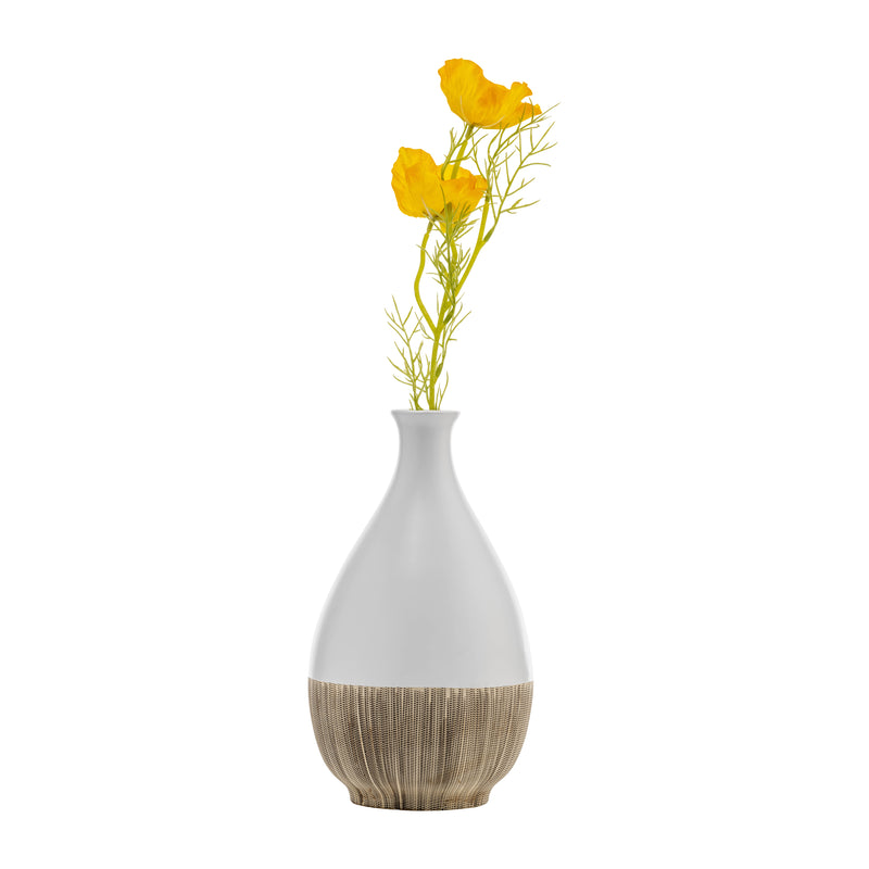 CER, 7"H 2-TONE TEARDROP VASE, CREME/WHT