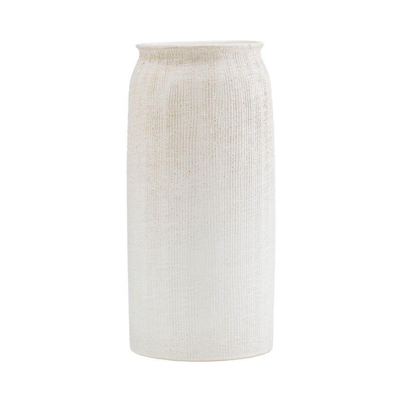 CER, 13"H RIDGED VASE, WHITE