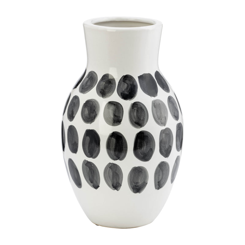 CER, 10"H BLK POLK-A-DOT FLOWER VASE, WHITE