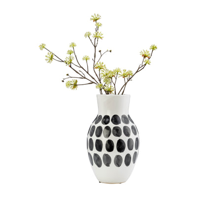 CER, 10"H BLK POLK-A-DOT FLOWER VASE, WHITE