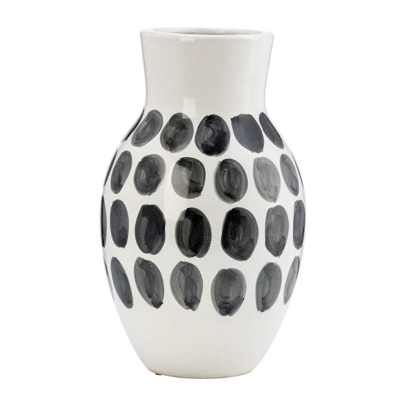 CER, 10"H BLK POLK-A-DOT FLOWER VASE, WHITE