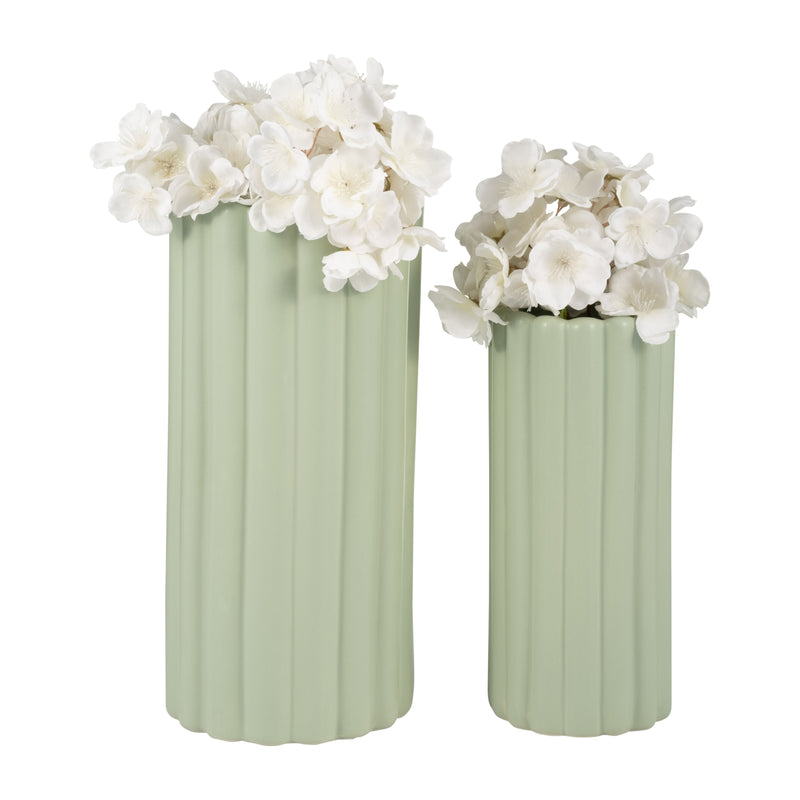 CER, S/2 10/13”H RIBBED VASES, CUCUMBER