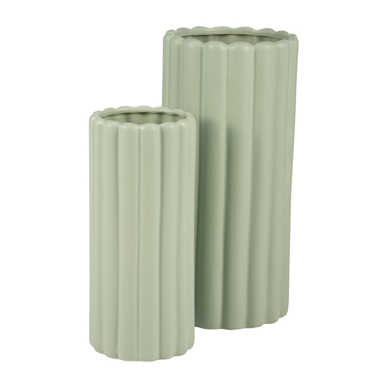 CER, S/2 10/13”H RIBBED VASES, CUCUMBER