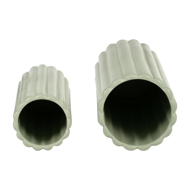 CER, S/2 10/13”H RIBBED VASES, CUCUMBER