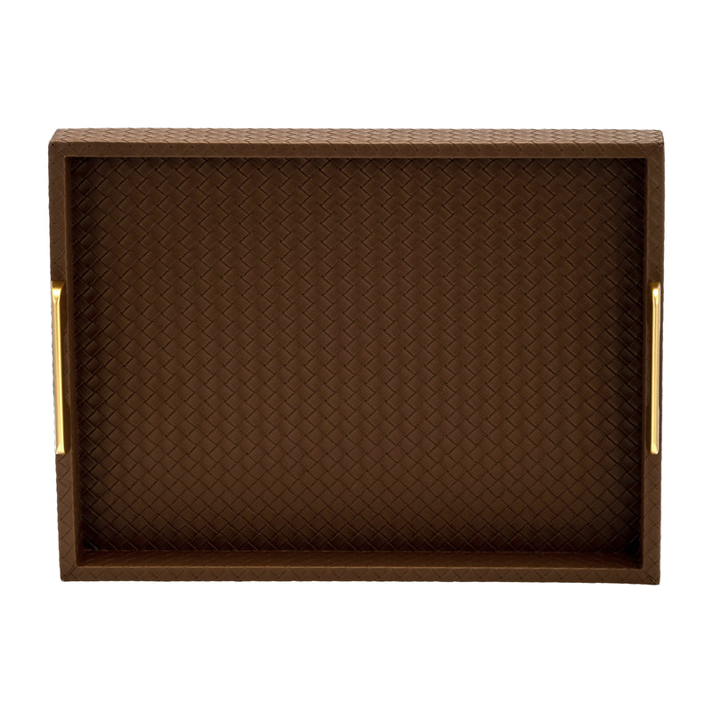 S/2 16/18"L FAUX LEATHER WEAVE TRAYS, COGNAC