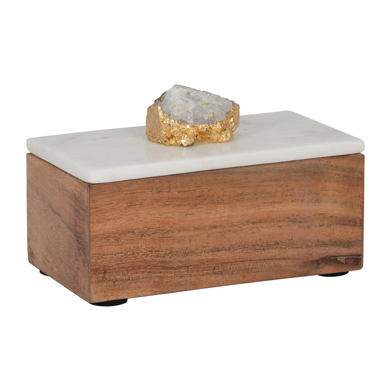 MARBLE, 7" CLEAR AGATE CLUSTER & WOOD BASE BOX, NA