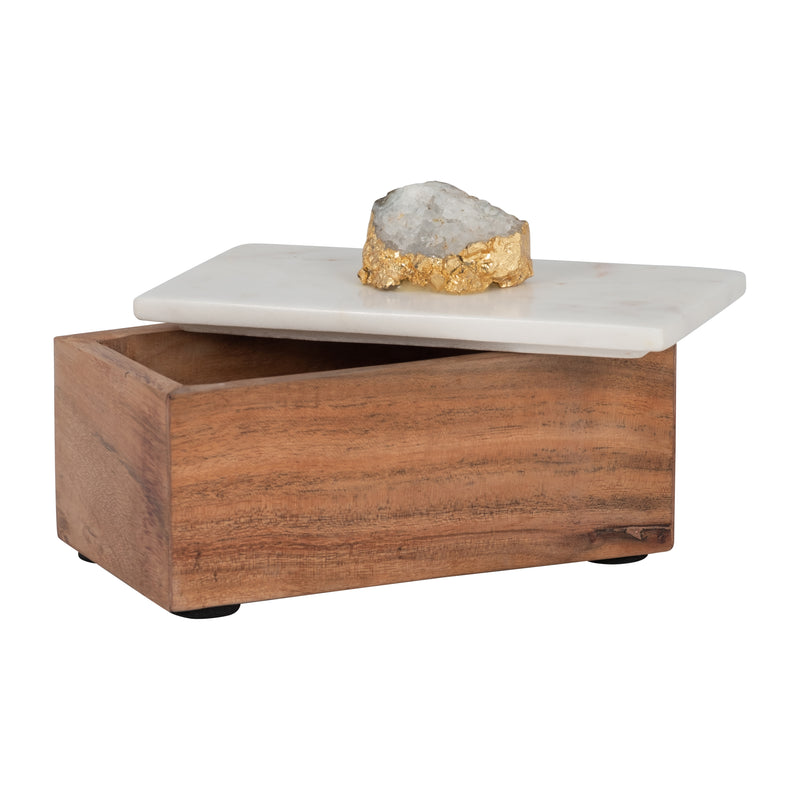 MARBLE, 7" CLEAR AGATE CLUSTER & WOOD BASE BOX, NA