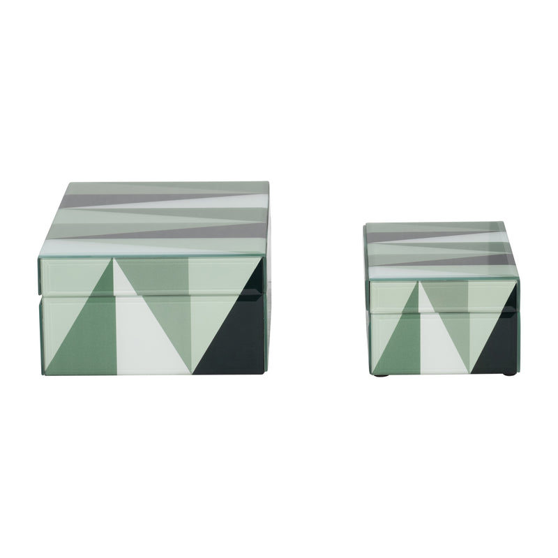 GLASS, S/2 8/11" TRIANGLES BOXES, GREEN/WHITE