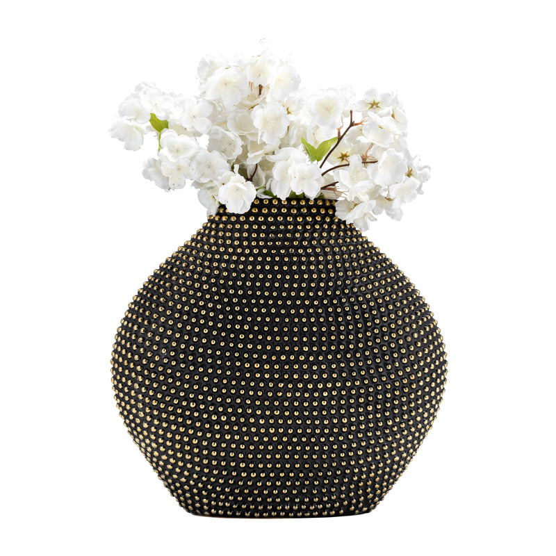 CERAMIC 16" BEADED VASE, BLACK/GOLD