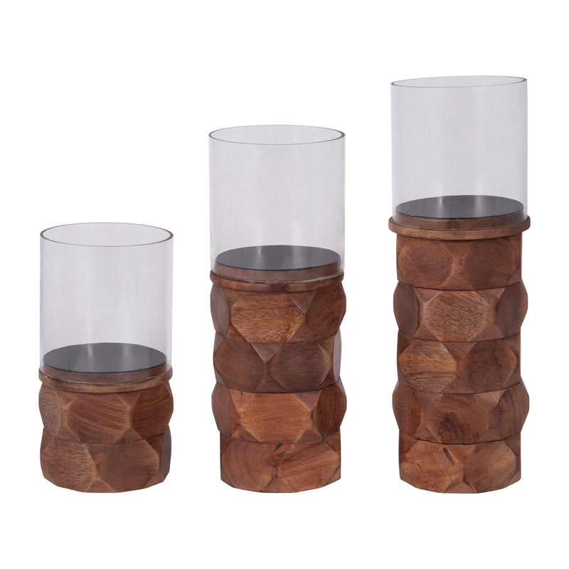 WOOD, 10" STACKED HEXAGON PILLAR HURRICANE, BROWN