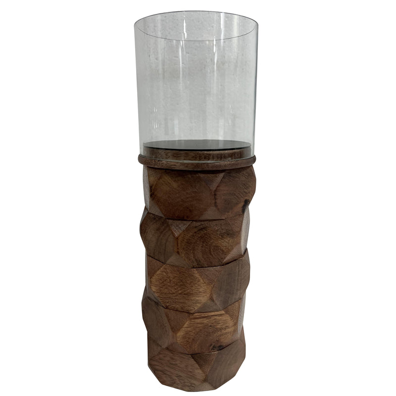 WOOD, 12" STACKED HEXAGON PILLAR HURRICANE, BROWN