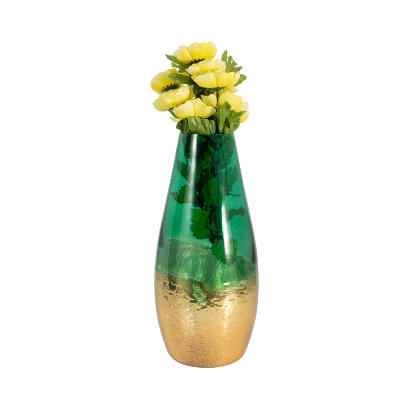 GLASS, 15" GOLD DIPPED VASE, GREEN