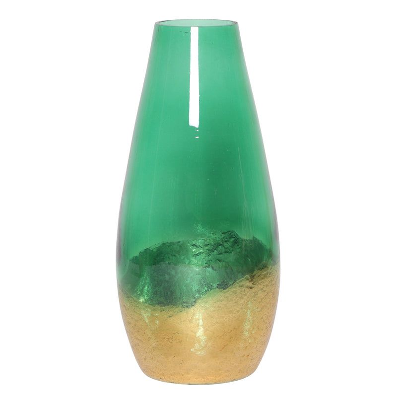 GLASS, 19" GOLD DIPPED VASE, GREEN