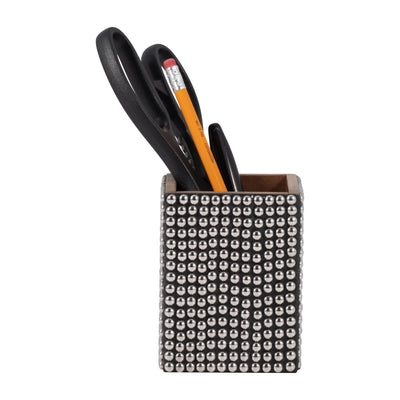 WOOD, 4" STUDDED PENCIL CUP, SILVER/BLACK