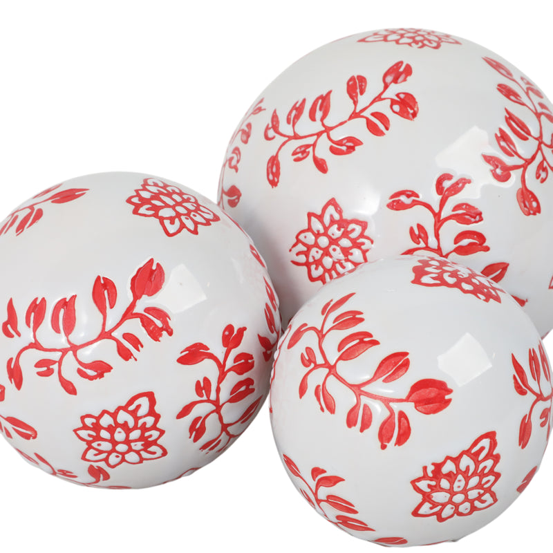 CER, S/3 FERN FLOWER ORBS, 4/5/6" WHITE/RED