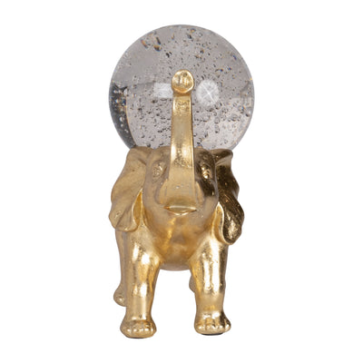 RESIN, 9" ELEPHANT W/ CRYSTAL BALL, GOLD