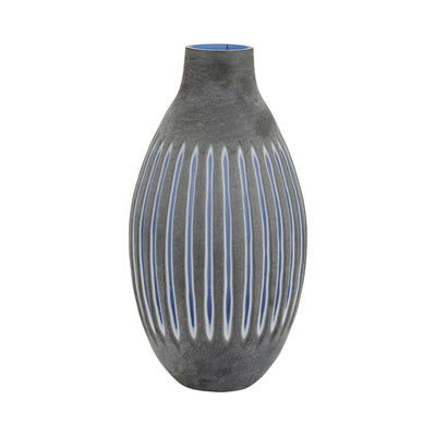 GLASS, 17" RIDGED VASE, BLUE/GRAY