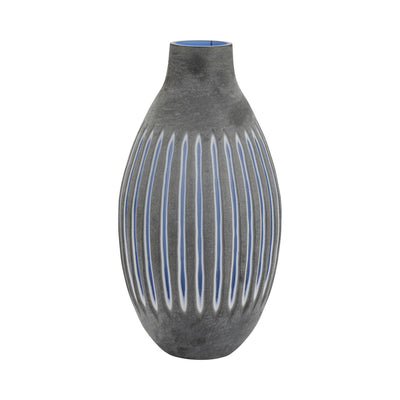 GLASS, 17" RIDGED VASE, BLUE/GRAY