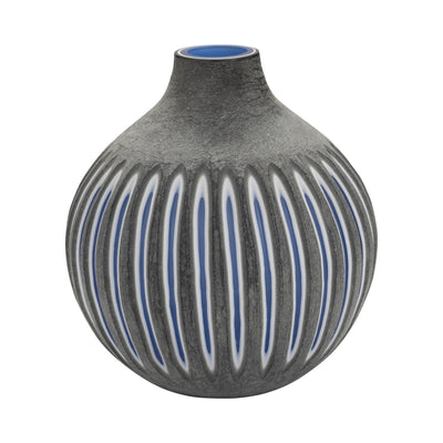 GLASS, 12" RIDGED VASE, BLUE/GRAY