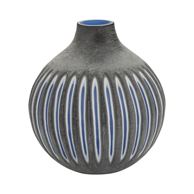 GLASS, 12" RIDGED VASE, BLUE/GRAY