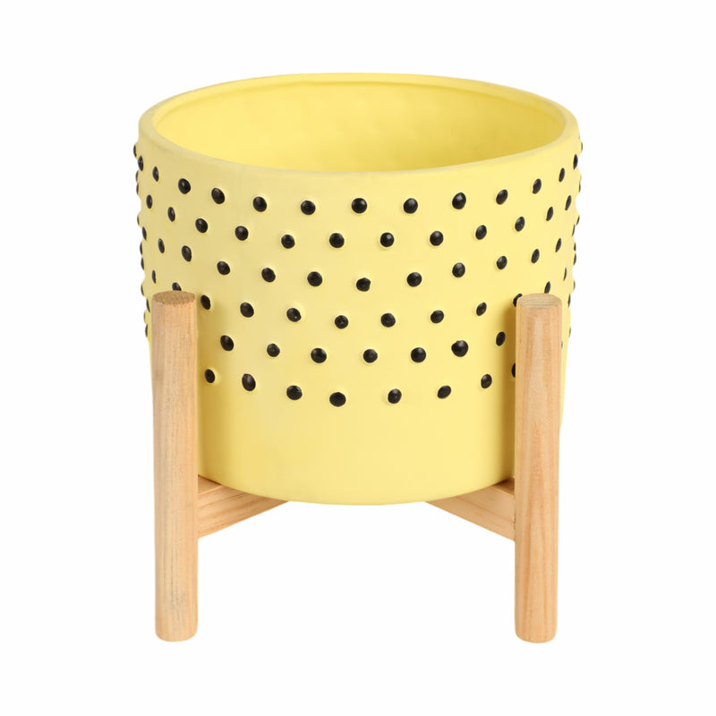 8" DOTTED PLANTER W/ WOOD STAND, YELLOW