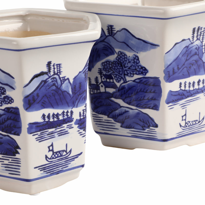 Cer, S/2 6/8" Chinoiserie Planters, Blue/white