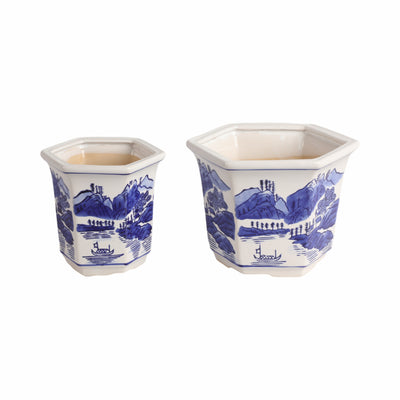 Cer, S/2 6/8" Chinoiserie Planters, Blue/white