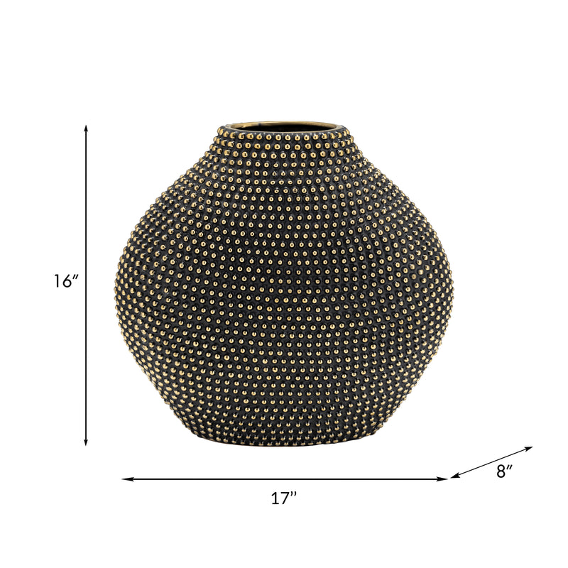 CERAMIC 16" BEADED VASE, BLACK/GOLD