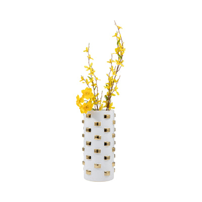 Stoneware, 15" Cylinder Vase, White/gold