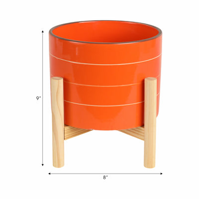 8" STRIPED PLANTER W/ WOOD STAND, ORANGE