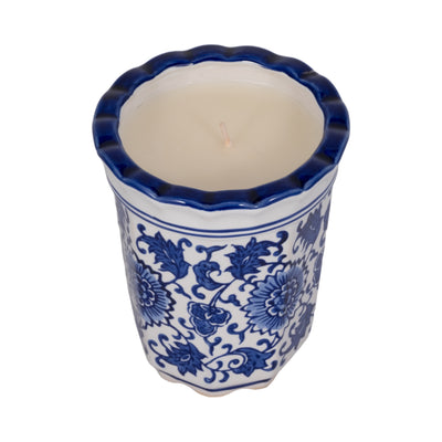 4", 7oz Fluted Chinoiserie Candle , Blue/white