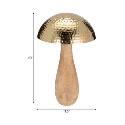 Metal, 20" Mushroom W/ Wood Base, Gold