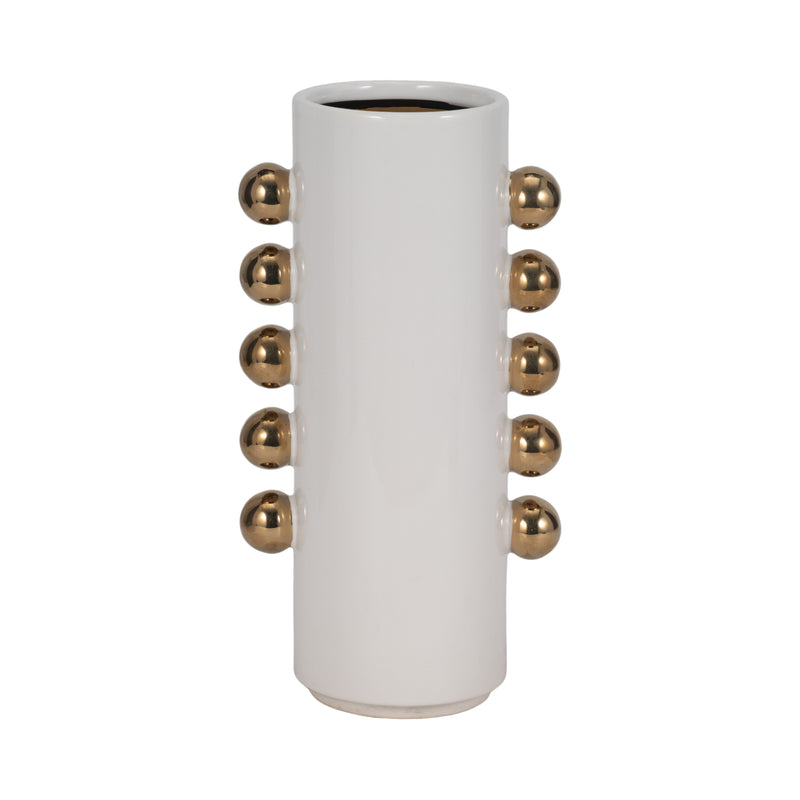 Cer, 13" Vase W/ Side Knobs, White/gold