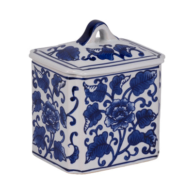 Cer, 6" 13oz Rect Chinoiserie Candle W/lid,blu/wht