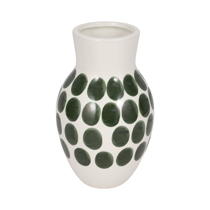 CER, 10"H FOREST GREEN POLK-A-DOT FLOWER VASE,WHT