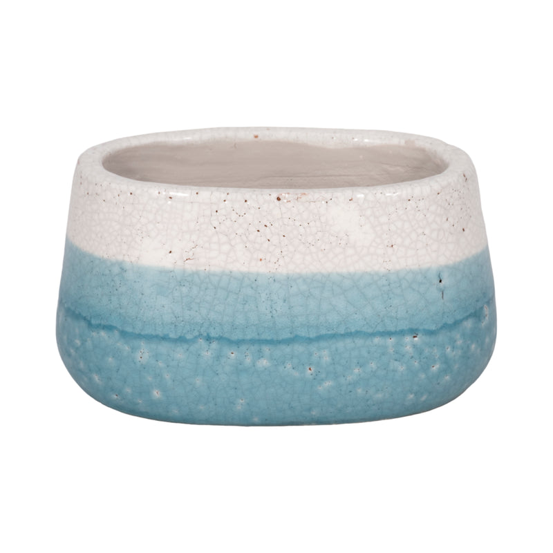 7" Oval Reactive Crackle Finish Planter, Blue/whit