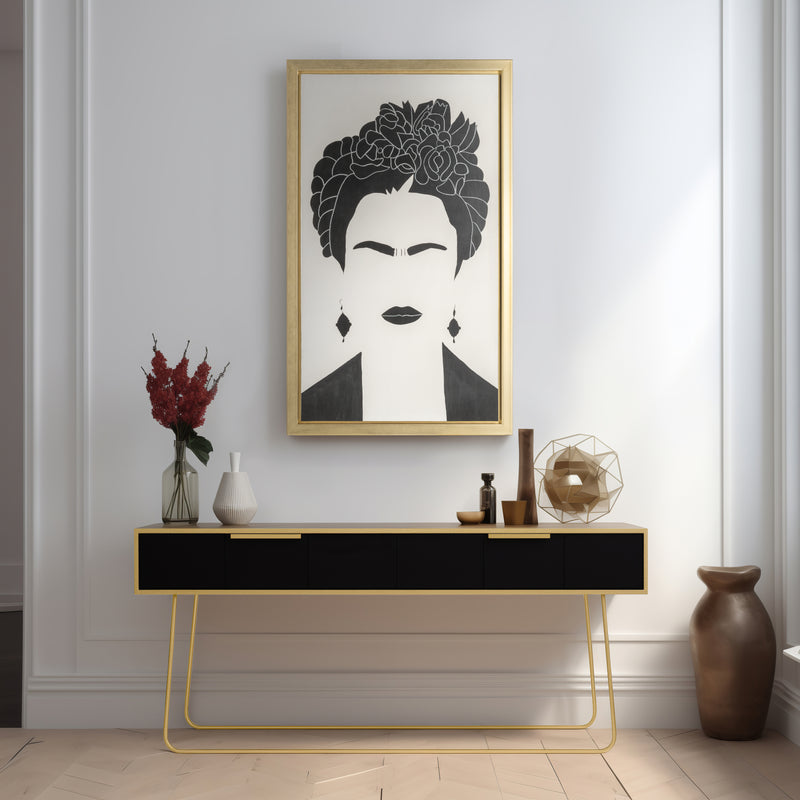 35X59, HAND PAINTED FRIDA PORTRAIT, BLK/WHT