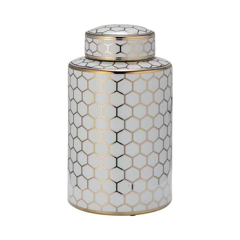 CER, 12" HONEYCOMB JAR W/ LID, GOLD