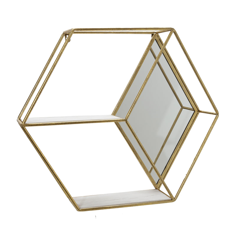 METAL/WOOD 20" HEXAGON MIRRORED WALL SHELF, GOLD