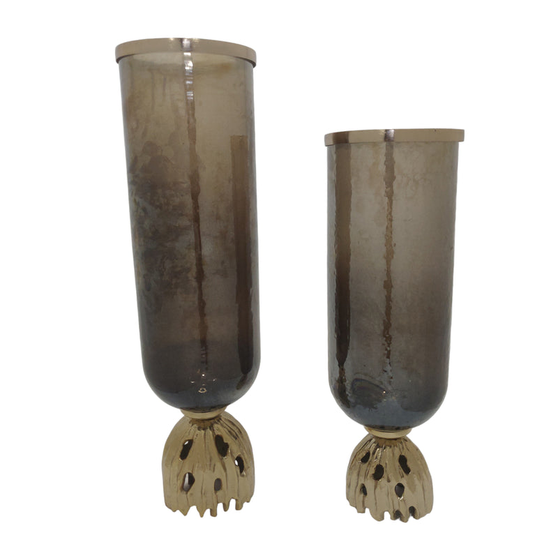 S/2 20/23"oattan Glass Hurricanes, Brwn/gld