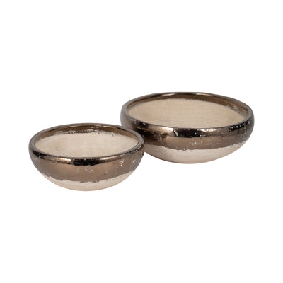 S/2 12/15" Gold Rim Terracotta Bowls, Grey