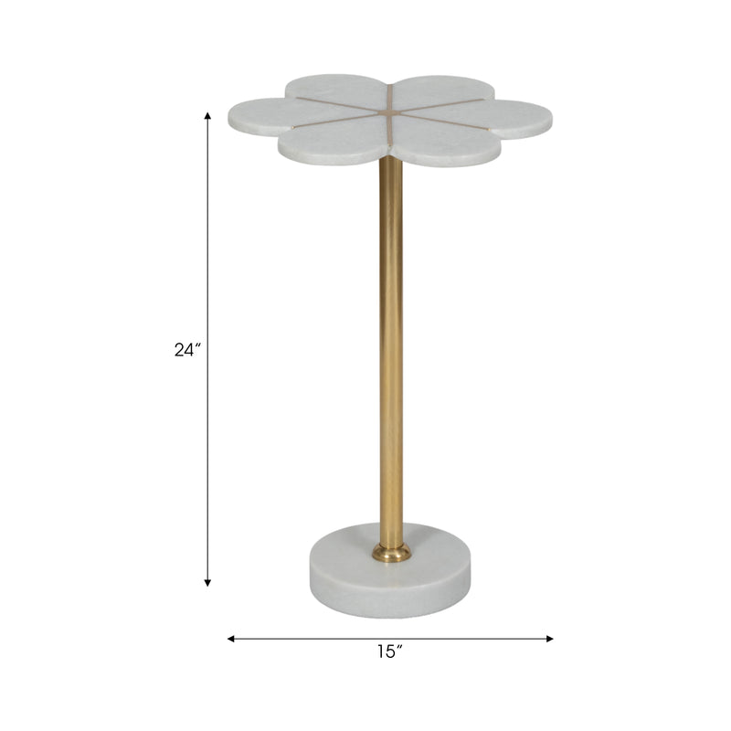 24" Marble Flower Accent Table, White/gold