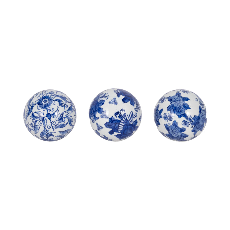 Cer, S/3 4" Assorted Painted Orbs, Blue