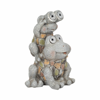 14" Frogs Piggy Back Ride Solar Eyes, Grey