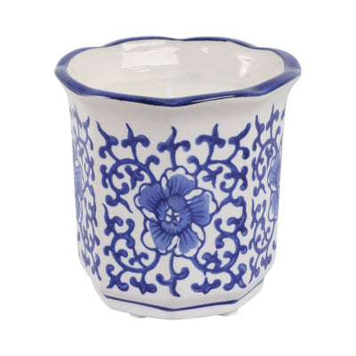 4", 6oz Fluted Chinoiserie Candle , Blue/white